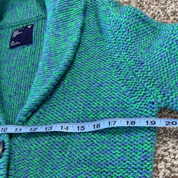 American Eagle Chunky Knit Shawl Collar Cardigan Sweater LG Green‎ Blue Pockets - Picture 10 of 11